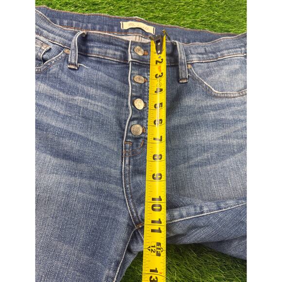 Madewell Womens Slim Straight Jeans Button Fly Lt Blue Wash Sz 32 Distressed Hem - Picture 12 of 15